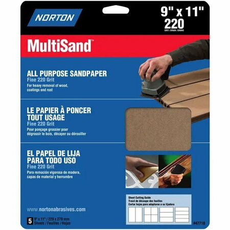 NORTON CO 9" x 11" MultiSand All Purpose Sanding Sheet 220-Grit, PK 5 47710